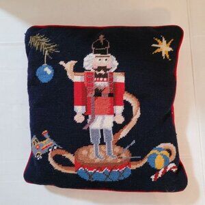 Vintage needlepoint crochet Christmas pillow nutcracker mid-century decor